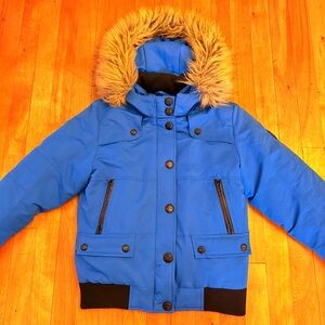 POINT ZERO Royal Blue Boy's Bomber Jacket with Faux Fur Hood - Size LARGE